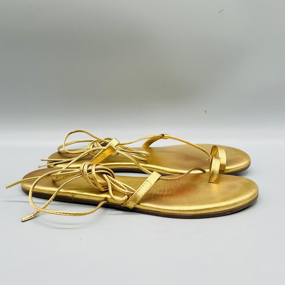 TKEES Sandals Womens 7 Gold Leather Strappy Thong Lace Up Flat Casual Shoes